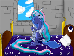 Size: 900x675 | Tagged: safe, artist:vasillium, imported from derpibooru, princess celestia, princess luna, alicorn, pony, bed, hug, royal sisters, s1 luna, siblings, sisters