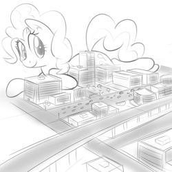 Size: 1000x1000 | Tagged: safe, artist:khorme, imported from derpibooru, pinkie pie, pony, city, female, giant pony, macro, monochrome, prone, sketch, solo