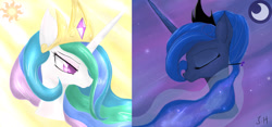 Size: 2096x984 | Tagged: safe, artist:dashy21, imported from derpibooru, princess celestia, princess luna, eyes closed