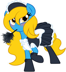 Size: 1892x2085 | Tagged: safe, artist:furrgroup, imported from derpibooru, oc, oc only, oc:internet explorer, ask internet explorer, blushing, browser ponies, clothes, duster, internet explorer, looking at you, maid, simple background, socks, solo, white background