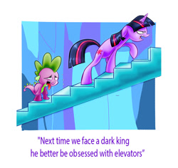 Size: 737x696 | Tagged: safe, artist:nukilik, imported from derpibooru, spike, twilight sparkle, dragon, pony, unicorn, the crystal empire, exhausted, female, male, mare, open mouth, stairs, sweat, tired, tongue out, twilight is not amused, twilight sparkle is not amused, unamused, unicorn twilight