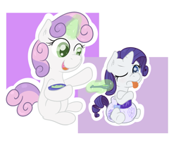 Size: 1373x1115 | Tagged: safe, artist:vitriolink, deleted from derpibooru, imported from derpibooru, rarity, sweetie belle, pony, age regression, baby, baby pony, diaper, foal, poofy diaper, role reversal, sisters
