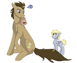 Size: 2000x1647 | Tagged: safe, artist:silcybell, imported from derpibooru, derpy hooves, doctor whooves, time turner, bag, blank flank, filly, muffin, question mark, younger