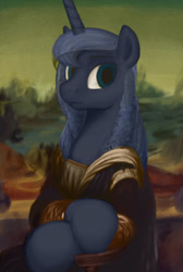 Size: 687x1024 | Tagged: dead source, safe, artist:selenophile, imported from derpibooru, princess luna, pony, clothes, female, fine art parody, mona lisa, moonlight inquiries, portrait, solo