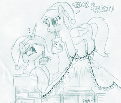 Size: 1000x848 | Tagged: safe, artist:foxxy-arts, imported from derpibooru, derpy hooves, princess celestia, pegasus, pony, confused, female, hat, mare, monochrome, santa hat, traditional art