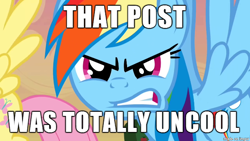 Size: 610x343 | Tagged: safe, imported from derpibooru, rainbow dash, angry, gritted teeth, image macro, meme, reaction image, text, uncool