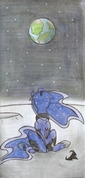 Size: 752x1572 | Tagged: safe, artist:islamilenaria, imported from derpibooru, princess luna, both cutie marks, female, moon, on the moon, planet, rear view, sitting, solo, traditional art