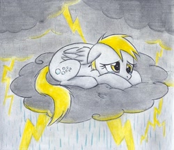 Size: 1005x866 | Tagged: safe, artist:islamilenaria, imported from derpibooru, derpy hooves, pegasus, pony, cloud, cloudy, female, floppy ears, lightning, mare, prone, sad, solo, traditional art