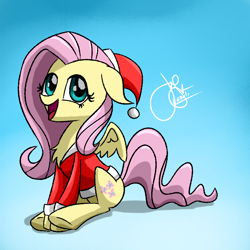 Size: 1024x1024 | Tagged: safe, artist:elzielai, imported from derpibooru, fluttershy, pegasus, pony, chest fluff, christmas, female, hat, santa hat, solo
