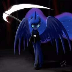 Size: 2048x2048 | Tagged: safe, artist:antonny195, imported from derpibooru, nightmare moon, princess luna, fall of the crystal empire, armor, female, looking at you, nightmare luna, scythe, solo, spread wings