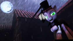 Size: 3836x2159 | Tagged: safe, artist:mollythemoopy, artist:shadowbolt97, imported from derpibooru, pinkie pie, 3d, bubble berry, cape, clothes, dr jekyll and mr hyde, evil grin, glowing eyes, hat, rain, rule 63, source filmmaker, top hat, victorian