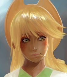 Size: 550x628 | Tagged: safe, artist:bluse, imported from derpibooru, applejack, human, blushing, female, humanized, solo