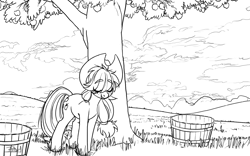 Size: 1584x986 | Tagged: safe, artist:prismspark, imported from derpibooru, applejack, eyes closed, female, leaning, monochrome, newbie artist training grounds, resting, solo, tree