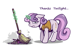 Size: 976x629 | Tagged: dead source, safe, artist:28gooddays, imported from derpibooru, sweetie belle, pony, unicorn, broom, female, floppy ears, hilarious in hindsight, magic, simple background, solo, sweepy belle, sweetie belle is not amused, sweetie fail, telekinesis, unamused