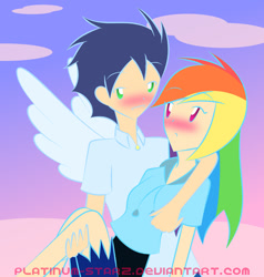 Size: 1024x1075 | Tagged: safe, artist:platinum-starz, imported from derpibooru, rainbow dash, soarin', human, blushing, female, humanized, light skin, male, shipping, soarindash, straight