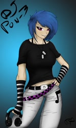 Size: 690x1157 | Tagged: safe, artist:ninjapony, imported from derpibooru, dj pon-3, vinyl scratch, human, alternative, belt, black shirt, clothes, denim, dog tags, female, headphones, humanized, jeans, light skin, pants, shirt, solo