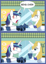 Size: 1069x1486 | Tagged: safe, edit, imported from derpibooru, prince blueblood, shining armor, bend over, exploitable meme, gay, joke, male, meme, screaming armor 2: the fall of blueblood, shiningblood