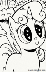 Size: 383x604 | Tagged: safe, artist:pony-berserker, imported from derpibooru, sweetie belle, female, heart eyes, monochrome, solo