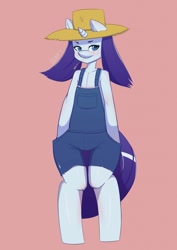 Size: 905x1280 | Tagged: safe, artist:gear-zs, imported from derpibooru, rarity, anthro, simple ways, female, hat, overalls, rarihick, smiling, solo, straw hat