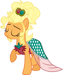 Size: 1116x1338 | Tagged: dead source, safe, artist:jeatz-axl, imported from derpibooru, applejack, simple ways, alternate hairstyle, applejewel, clothes, dress, eyes closed, female, raised hoof, simple background, solo, svg, transparent background, vector