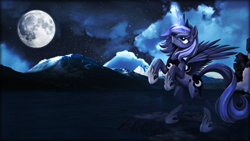 Size: 1920x1080 | Tagged: dead source, safe, artist:mackaged, artist:php58, artist:ponykillerx, artist:vipeydashie, edit, imported from derpibooru, princess luna, alicorn, pony, bipedal, female, looking up, magic, moon, rearing, s1 luna, scenery, solo, wallpaper, wallpaper edit