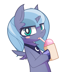 Size: 750x880 | Tagged: safe, artist:aurura, imported from derpibooru, princess luna, alicorn, pony, blushing, female, horn, looking at you, mare, milkshake, pixiv, s1 luna, simple background, solo, tongue out, transparent background, wings