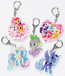 Size: 424x501 | Tagged: safe, imported from derpibooru, apple bloom, applejack, fluttershy, pinkie pie, princess celestia, princess luna, rainbow dash, rarity, scootaloo, spike, sweetie belle, twilight sparkle, cutie mark crusaders, keychain, mane seven, mane six, merchandise, official