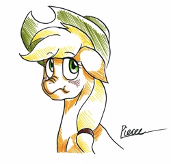 Size: 2500x2400 | Tagged: safe, artist:whitepone, imported from derpibooru, applejack, female, floppy ears, portrait, scrunchy face, simple background, solo