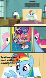 Size: 602x1022 | Tagged: safe, edit, edited screencap, imported from derpibooru, screencap, applejack, dj pon-3, fluttershy, pinkie pie, rainbow dash, rarity, twilight sparkle, vinyl scratch, equestria girls, rainbow rocks, read it and weep, book, comic, hub logo, humane five, humane six, meme, ponied up, reading rainbow, screencap comic