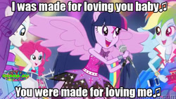 Size: 720x405 | Tagged: safe, edit, edited screencap, imported from derpibooru, screencap, applejack, fluttershy, pinkie pie, rainbow dash, rarity, twilight sparkle, equestria girls, perfect day for fun, rainbow rocks, electric guitar, guitar, i was made for loving you, kiss (band), lyrics, meme, music, musical instrument, rock (music), song reference