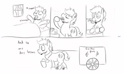 Size: 3000x1800 | Tagged: safe, artist:frikdikulous, imported from derpibooru, oc, oc only, earth pony, pony, coffee, comic, cookie, facial hair, monochrome, sketch