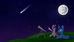 Size: 1920x1080 | Tagged: safe, artist:wolfypon, imported from derpibooru, night light, twilight sparkle, pony, unicorn, duo, father and daughter, mare in the moon, meteor, moon, night, shooting star, stargazing, telescope