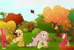 Size: 6270x4263 | Tagged: safe, artist:kaleysia, imported from derpibooru, apple bloom, applejack, big macintosh, fluttershy, oc, oc:cellini, earth pony, pony, absurd resolution, female, filly, fluttermac, kite, male, offspring, older, older apple bloom, orchard, parent:big macintosh, parent:fluttershy, parents:fluttermac, shipping, stallion, straight, windswept mane, windy