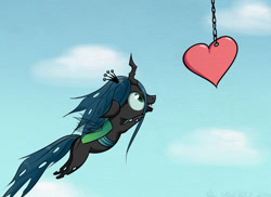 Size: 720x523 | Tagged: safe, artist:el-yeguero, imported from derpibooru, queen chrysalis, changeling, changeling queen, bait, chibi, cute, cutealis, eyes on the prize, female, heart, jumping, open mouth, pounce, smiling, solo