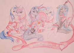 Size: 1280x925 | Tagged: artist needed, safe, imported from derpibooru, princess cadance, princess celestia, princess luna, queen chrysalis, shining armor, alicorn, changeling, pony, unicorn, traditional art