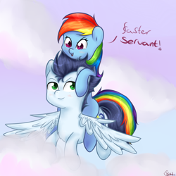 Size: 1500x1500 | Tagged: safe, artist:chiweee, imported from derpibooru, rainbow dash, soarin', pegasus, pony, blushing, cute, dashabetes, dialogue, female, flying, male, mare, ponies riding ponies, rainbow dash riding soarin, riding, shipping, soarindash, stallion, straight