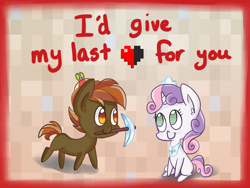 Size: 1024x768 | Tagged: safe, artist:scarletts-fever, imported from derpibooru, button mash, sweetie belle, don't mine at night, buttonbetes, cute, diasweetes, female, hearts and hooves day, male, minecraft, shipping, straight, sweetiemash, valentine, valentine's day