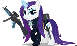 Size: 5000x3000 | Tagged: safe, artist:a4r91n, imported from derpibooru, rarity, pony, unicorn, badass, badass adorable, clothes, cute, eyebrows, eyeshadow, female, frown, glowing, glowing horn, gun, high res, horn, magic, magic aura, makeup, mare, mp5, navy seal, one-piece swimsuit, raised hoof, raribetes, scuba, scuba gear, simple background, solo, submachinegun, swimsuit, teeth, telekinesis, transparent background, vector, weapon, wet, wet mane, wet mane rarity, wetsuit