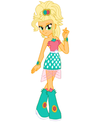 Size: 1024x1365 | Tagged: safe, artist:ferrokiva, imported from derpibooru, applejack, equestria girls, simple ways, alternate hairstyle, applejewel, bare shoulders, female, simple background, sleeveless, solo, strapless