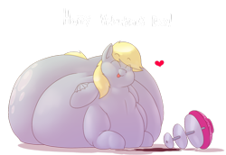 Size: 1280x880 | Tagged: safe, artist:secretgoombaman12345, imported from derpibooru, derpy hooves, original species, pegasus, pony, aderpose, butt, chocolate, digestion, fat, fat fetish, female, fetish, heart, impossibly large butt, impossibly wide hips, mare, morbidly obese, obese, plot, solo, tongue out, vore, weight gain, wide hips