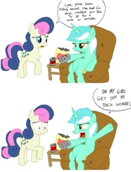 Size: 915x1200 | Tagged: safe, artist:pegashift, imported from derpibooru, bon bon, lyra heartstrings, sweetie drops, chair, chips, comic, remote, sitting