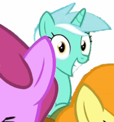 Size: 411x441 | Tagged: safe, imported from derpibooru, berry punch, berryshine, carrot top, golden harvest, lyra heartstrings, earth pony, pony, unicorn, animated, bouncing, derp, female, irrational exuberance, looking at you, lyra doing lyra things, smiling