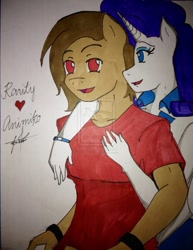 Size: 785x1017 | Tagged: safe, artist:animiko, imported from derpibooru, rarity, oc, anthro, canon x oc, female, hearts and hooves day, male, ponified, self insert, shipping, straight, traditional art, valentine's day, watermark