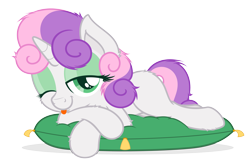 Size: 5000x3273 | Tagged: safe, artist:zutheskunk, imported from derpibooru, sweetie belle, pony, .svg available, :p, absurd resolution, bed mane, bedroom eyes, butt fluff, cheek fluff, ear fluff, estrus, eyeshadow, female, fluffy, hoof fluff, leg fluff, lidded eyes, looking at you, messy mane, pillow, prone, silly, simple background, sleepy, smiling, solo, tired, tongue out, transparent background, vector, wink
