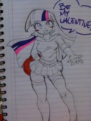 Size: 540x720 | Tagged: safe, artist:danmakuman, imported from derpibooru, twilight sparkle, human, black and white, clothes, dialogue, female, fourth wall, grayscale, humanized, lined paper, midriff, miniskirt, monochrome, neo noir, partial color, sketch, skirt, solo, thigh highs, traditional art, twilight sparkle (alicorn), valentine, zettai ryouiki