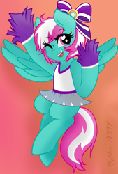 Size: 1024x1514 | Tagged: safe, artist:mythic-xvi, imported from derpibooru, spring step, sunlight spring, bow, cheerleader, cheerleading, cute, female, heart, heart eyes, pom pom, solo, wink