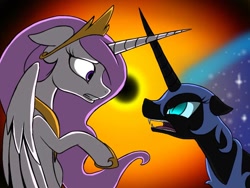 Size: 960x720 | Tagged: safe, artist:rainbow-pon3, imported from derpibooru, nightmare moon, princess celestia, fangs, pink-mane celestia, younger