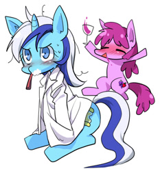 Size: 501x537 | Tagged: safe, artist:megarexetera, artist:re_ghotion, imported from derpibooru, berry punch, berryshine, minuette, alicorn, earth pony, pony, blushing, clothes, drunk, glass, shirt, simple background, toothbrush, white background, wine