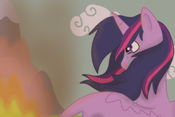 Size: 1500x1000 | Tagged: safe, artist:creeperoxx, imported from derpibooru, twilight sparkle, alicorn, pony, crying, female, fire, mare, ponyville, sad, solo, twilight sparkle (alicorn)