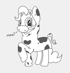 Size: 625x650 | Tagged: safe, artist:spicyhamsandwich, imported from derpibooru, pinkie pie, cow, animal costume, clothes, costume, female, lineart, monochrome, solo